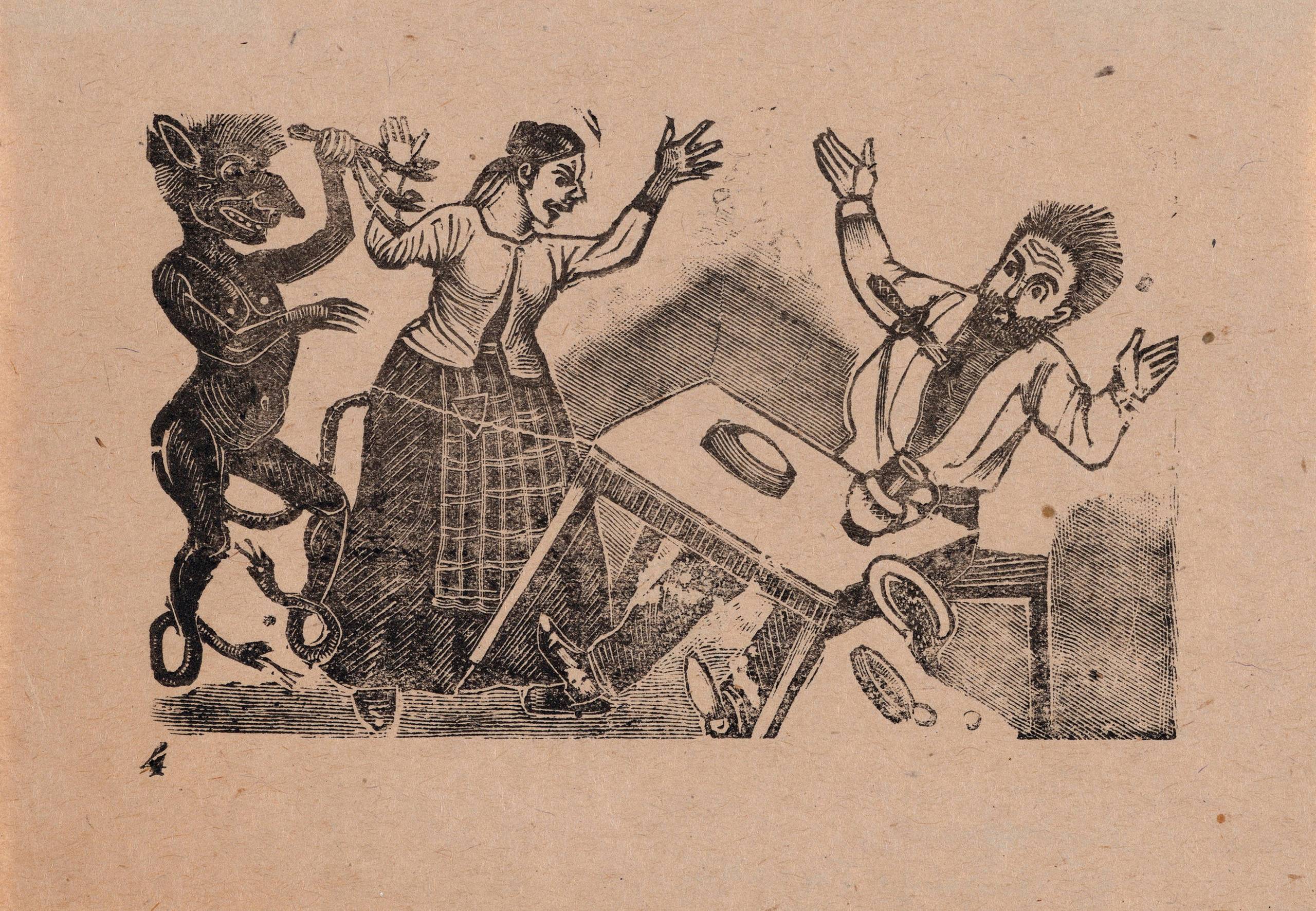 A traditional print depicting a woman throwing a knife at a man's chest. Behind her stands a demon with a a bent nose and long ears.