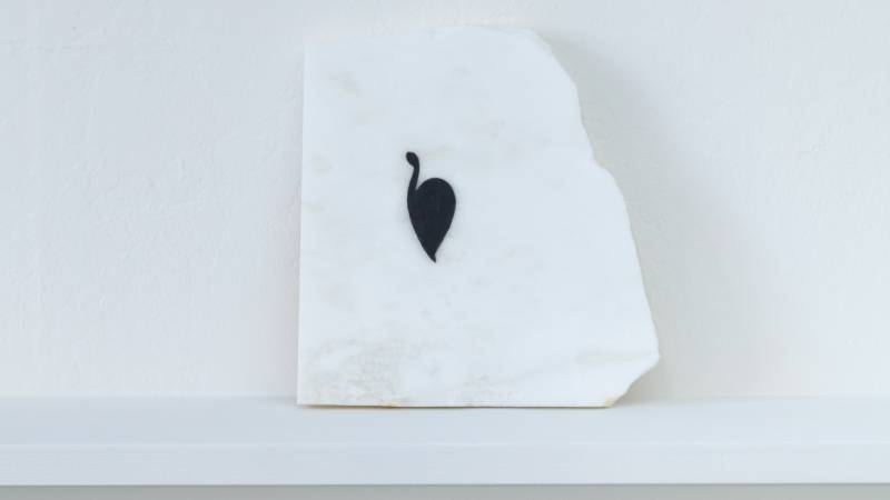 delicate black shape on chunk of white marble on shelf