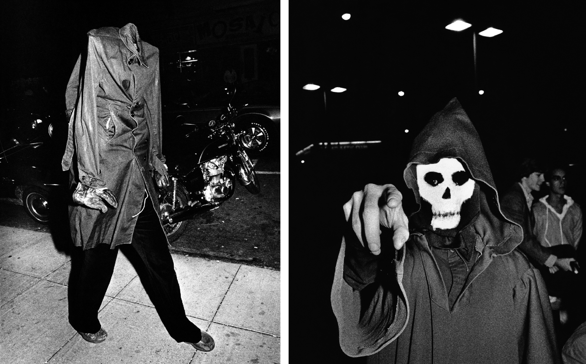 person dressed as a headless in tall trench coat and someone in skull mask and hood