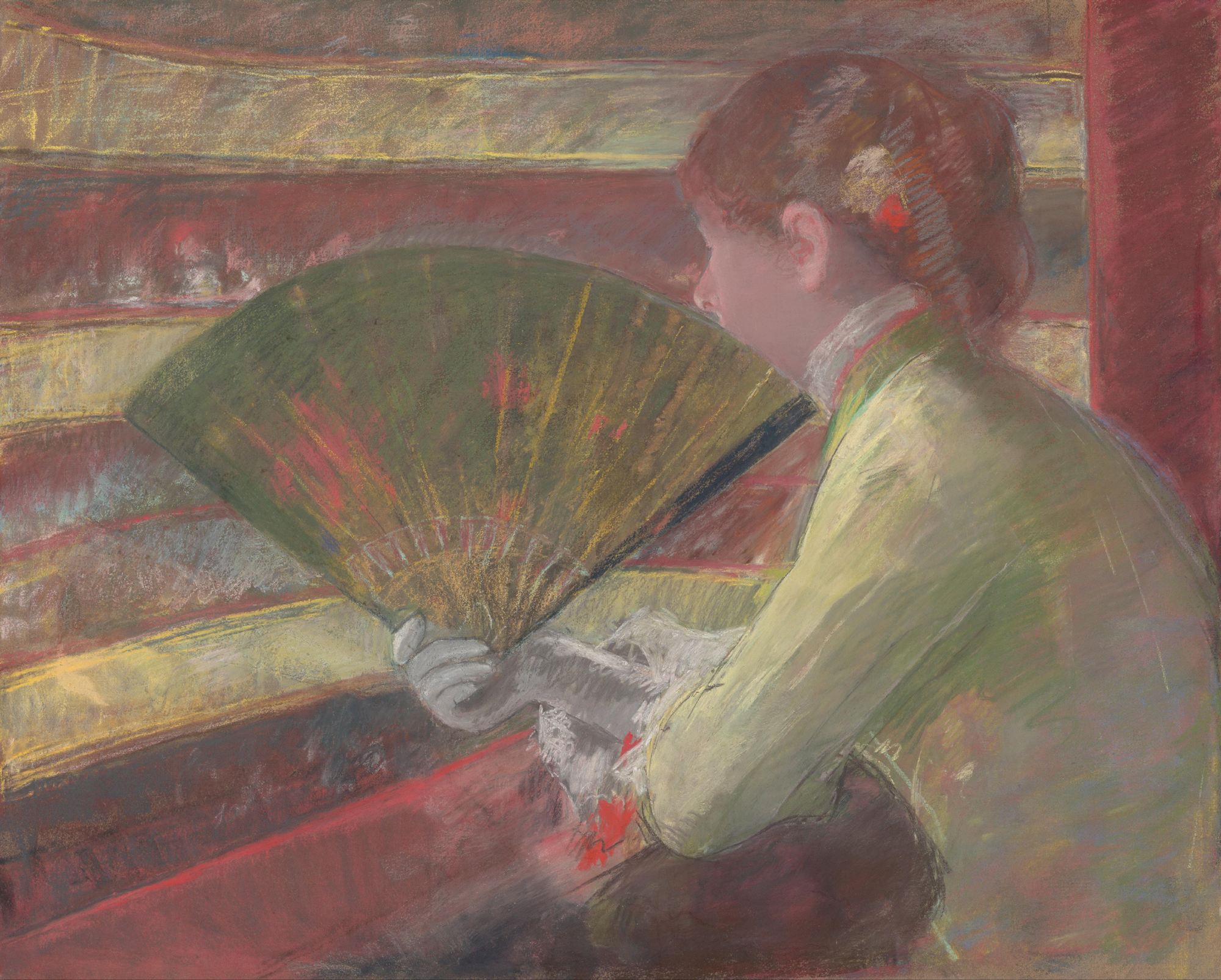 impressionist painting of woman holding fan looking over balcony at theater