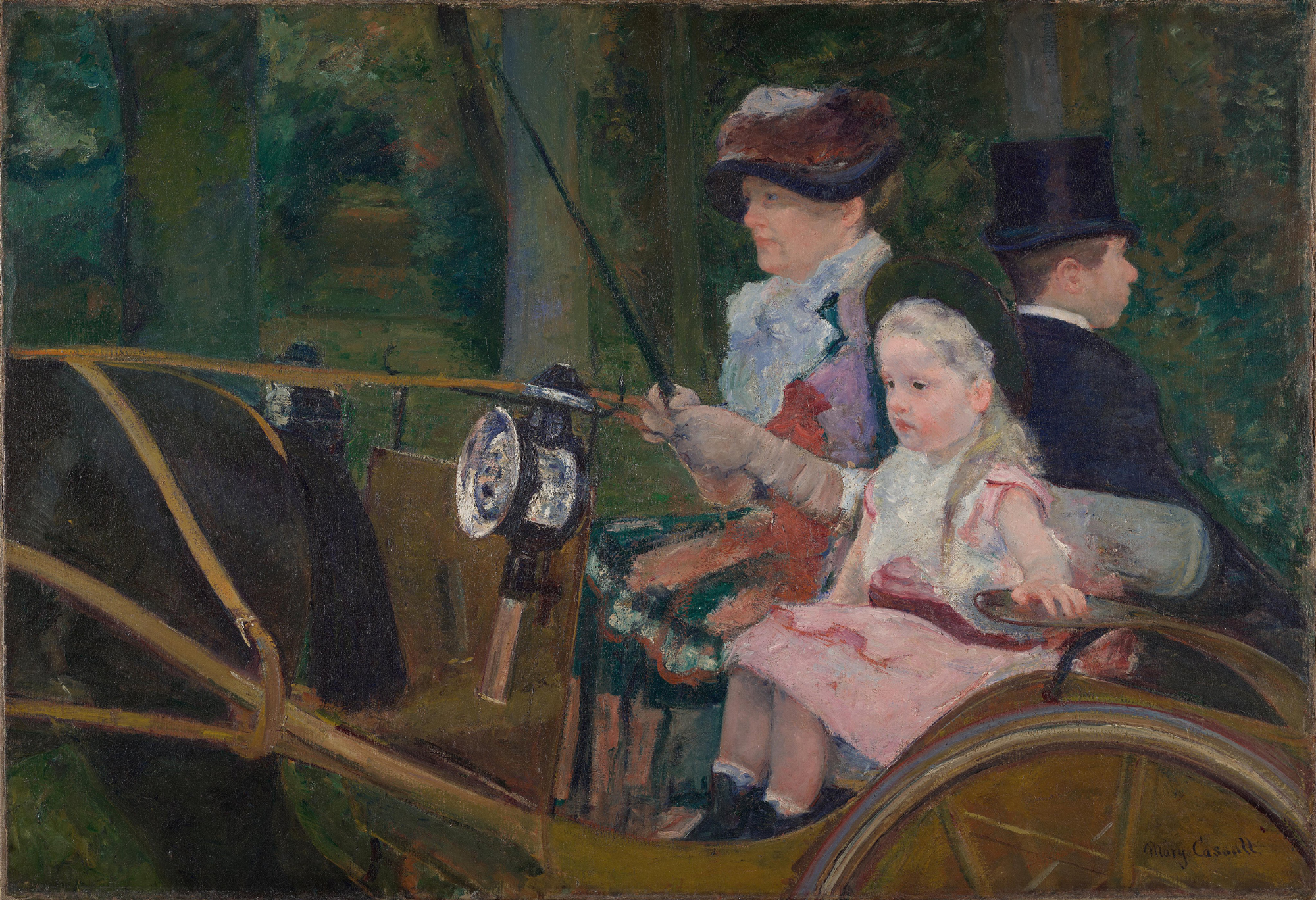 impressionist painting of woman holding reins and small girl riding in carriage