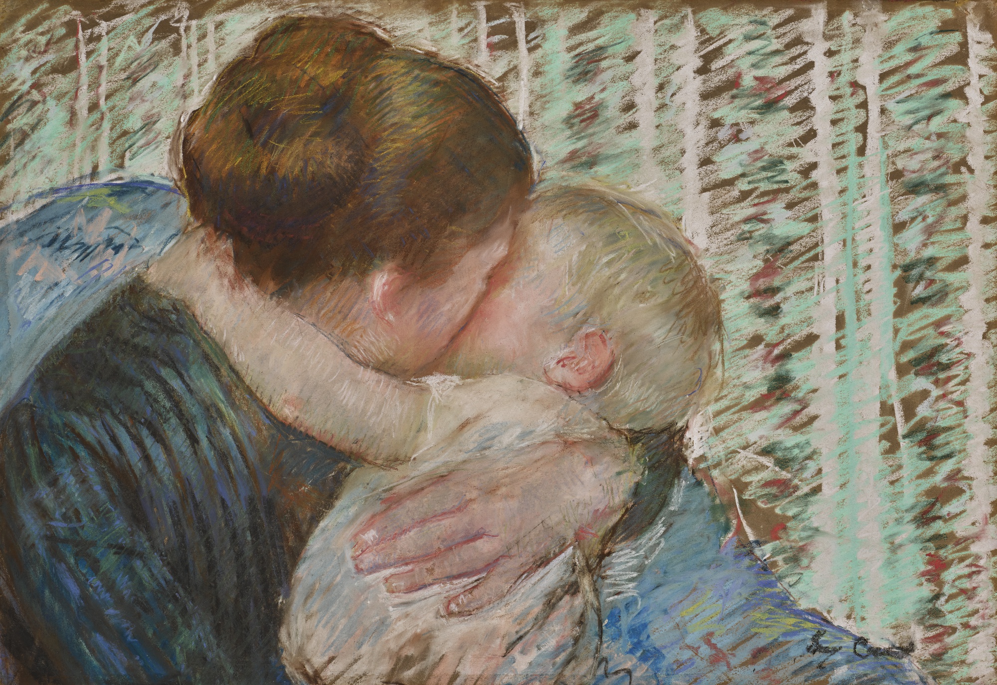 pastel drawing of woman embracing small child, faces obscured