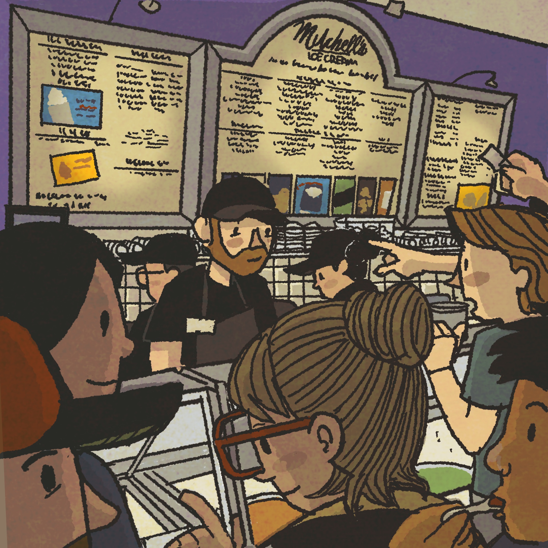 Illustration: Customers inside a busy ice cream shop.