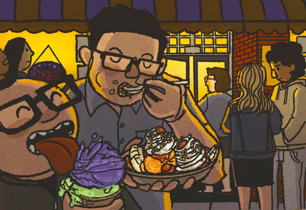 Illustration: Two men eating ice cream outside an ice cream shop at night.