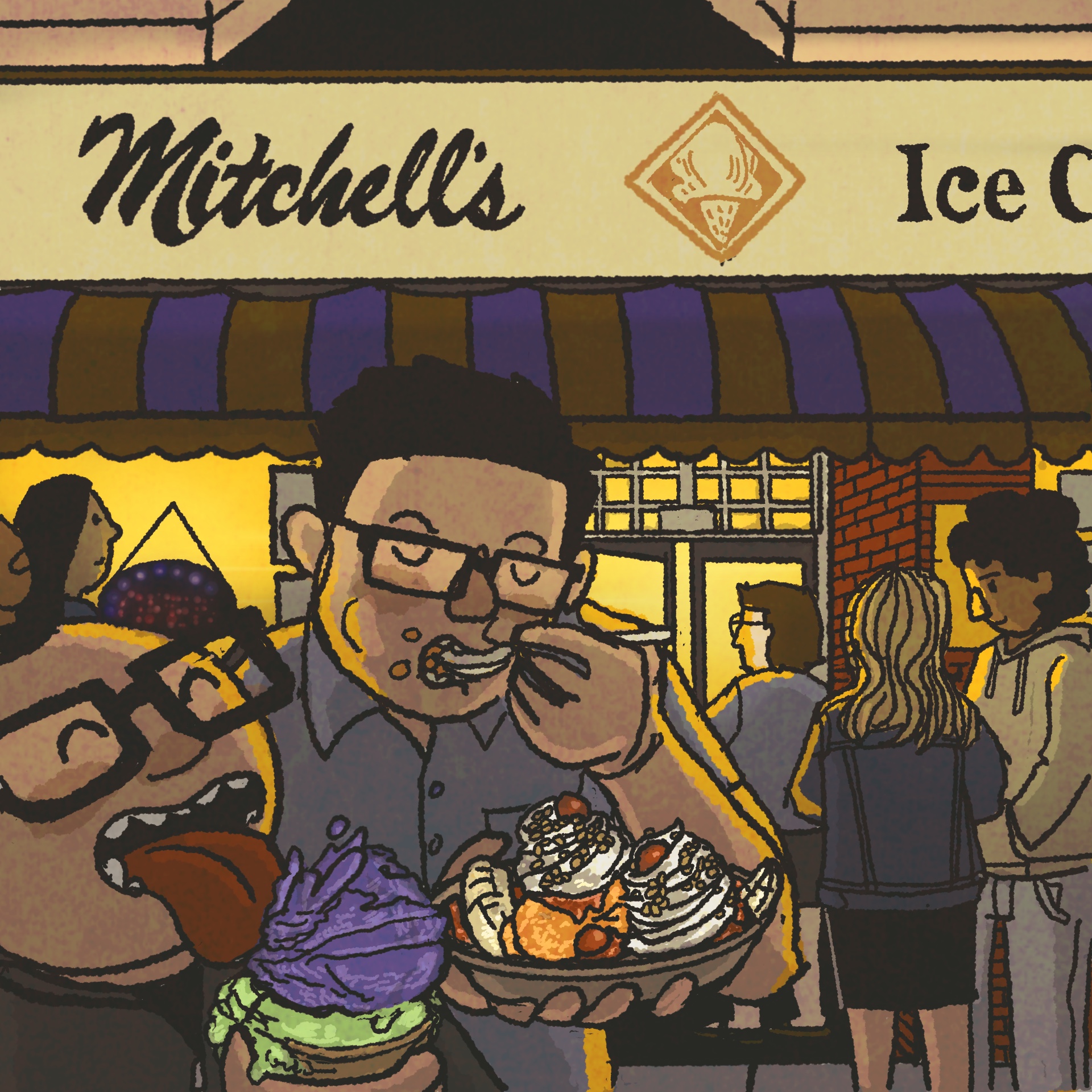 Illustration: Two men eating ice cream outside an ice cream shop at night. The sign above reads, "Mitchell's Ice Cream."