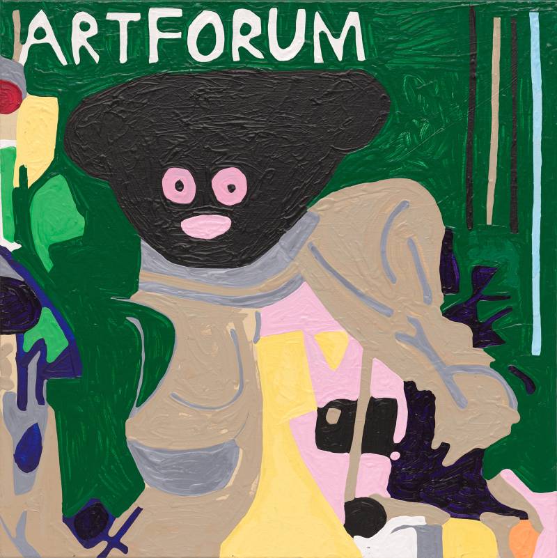 A painting with an abstract colorful rendering of an 'Artforum' magazine cover.