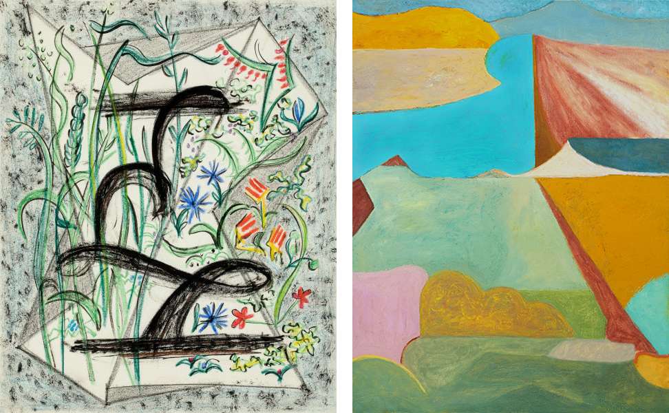 composite of two paintings, one with flowers and waterfall-like black lines, another abstract angled blocks of color