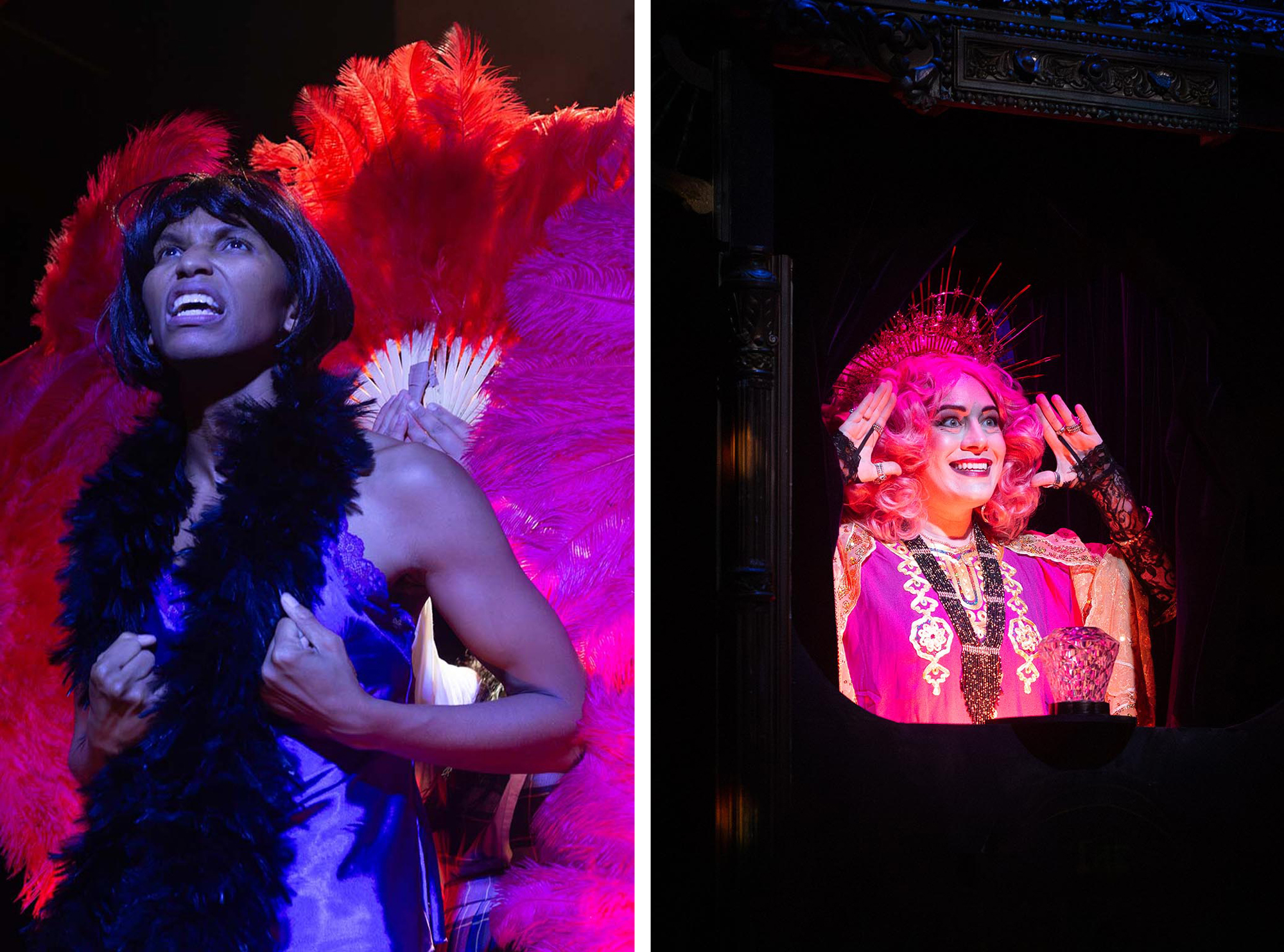 Black actor with feather boa, white woman in pink wig smiles big