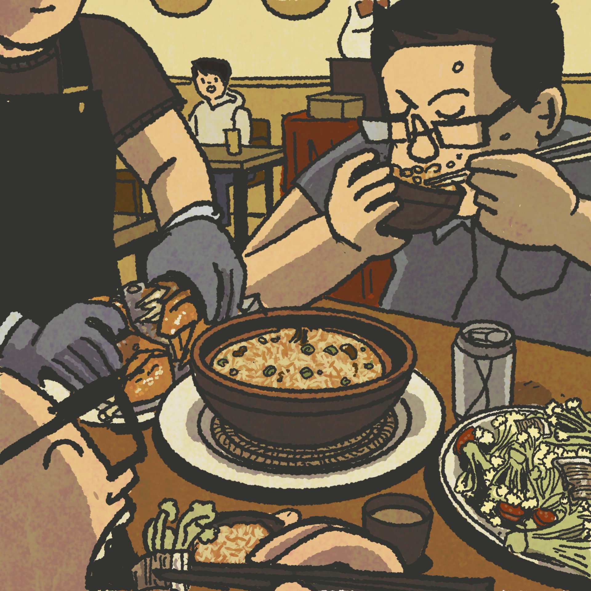 Illustration: Two men devouring a Chinese meal with chopsticks.