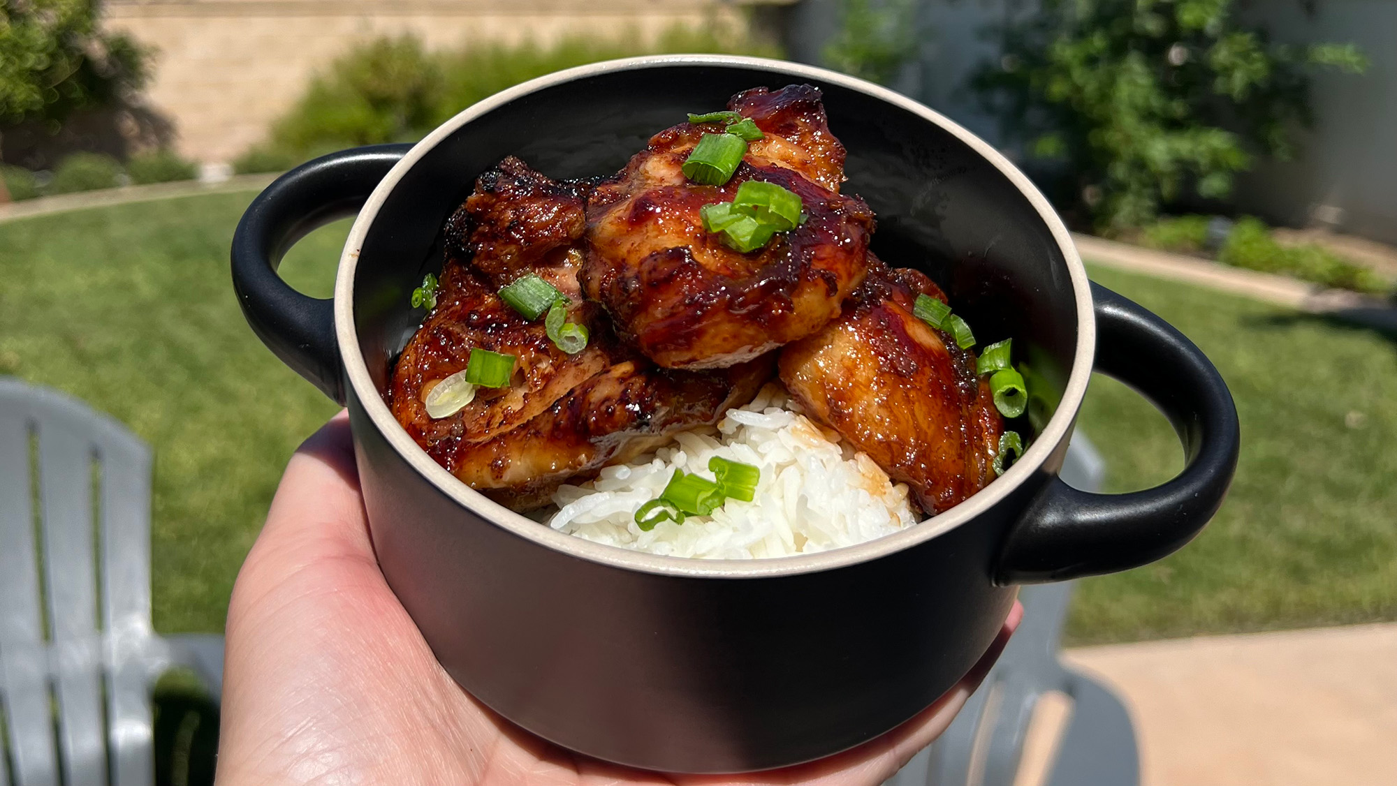 Braised turkey tails over rice in a small pot.