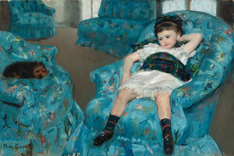 impressionist painting of young girl in white dress lounging on blue chair opposite dog