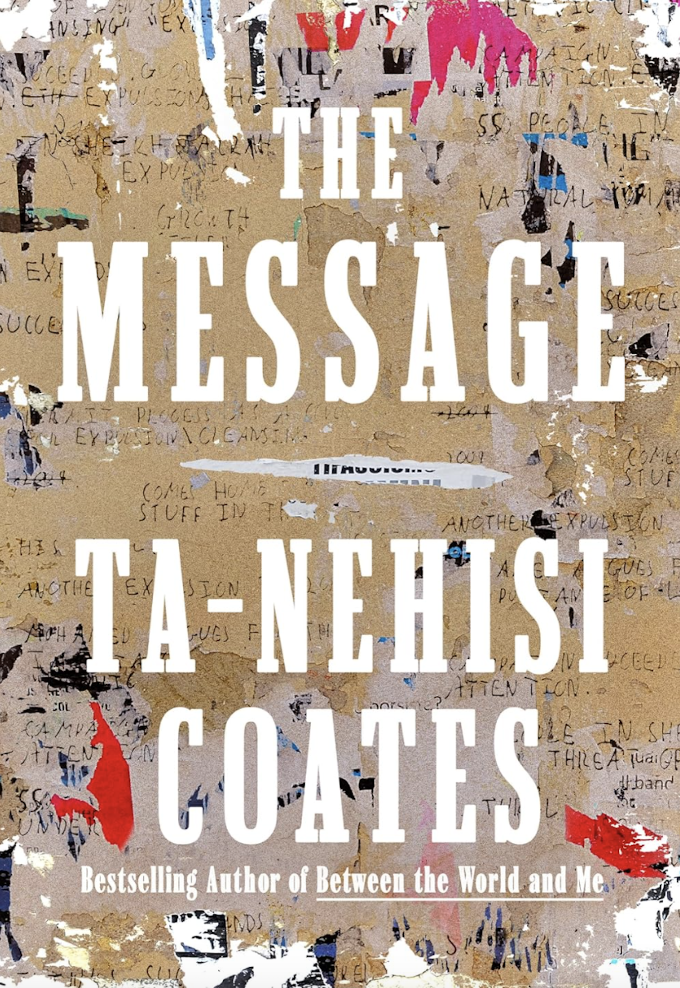 A book cover featuring patches of writing and torn away flyers on a wall.