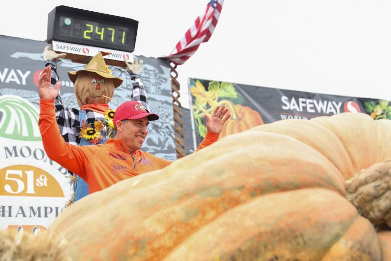 A man stands behind a gigantic pumpkin, next to a scarecrow, looking triumphant.