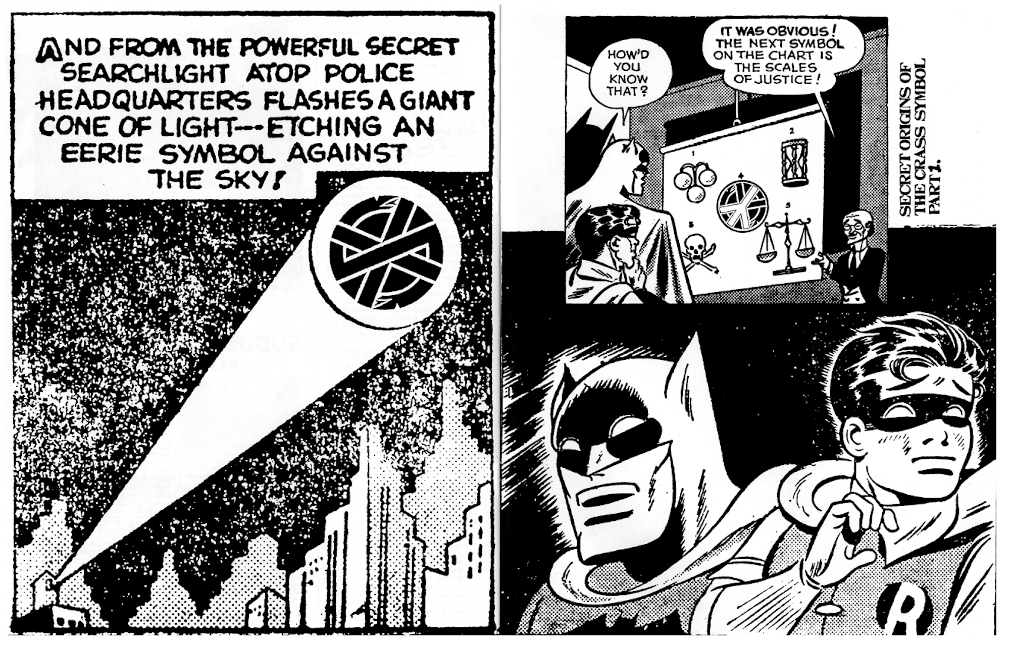 Two black and white pages. One featuring a bat signal with the Crass band logo. The other features Batman and Robin looking at a chart of symbols.