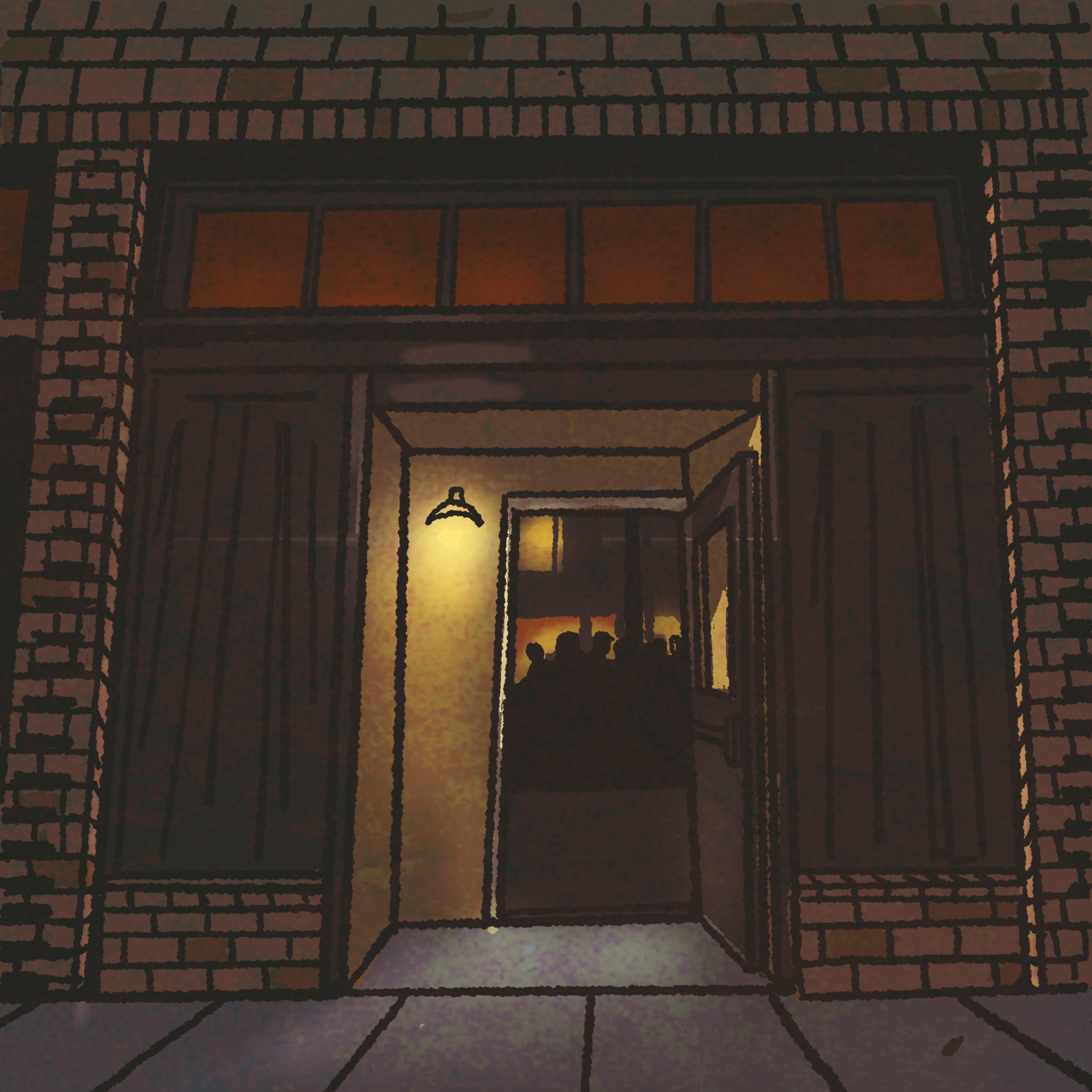 Illustration: The exterior of an unmarked, dimly lit bar at nighttime.