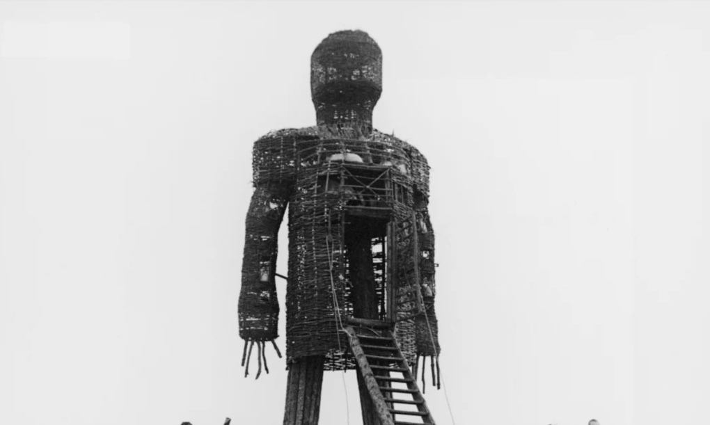 A huge wicker structure built in the shape of a man, stands on a hillside.