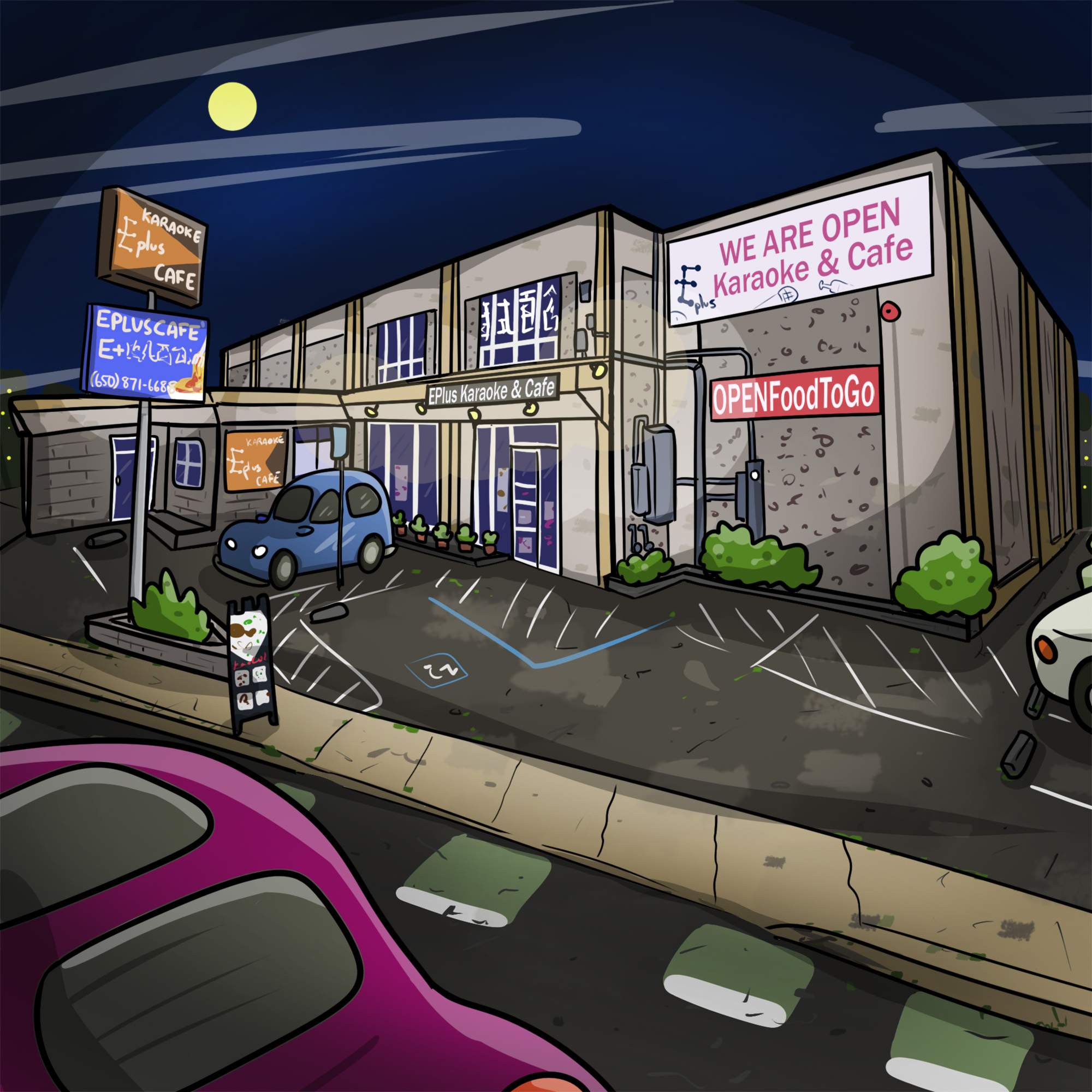 Illustration: The exterior of E Plus Karaoke and Cafe on a dark night with a full moon. The banner on top of the building reads, "WE ARE OPEN."