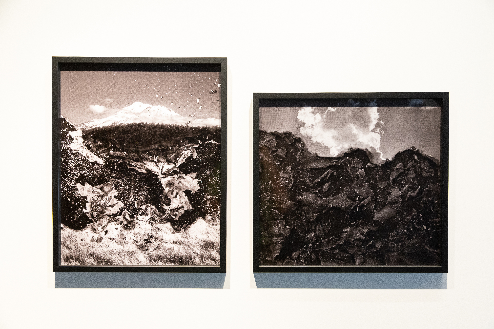 two framed black-and-white photographs of landscapes with burned elements