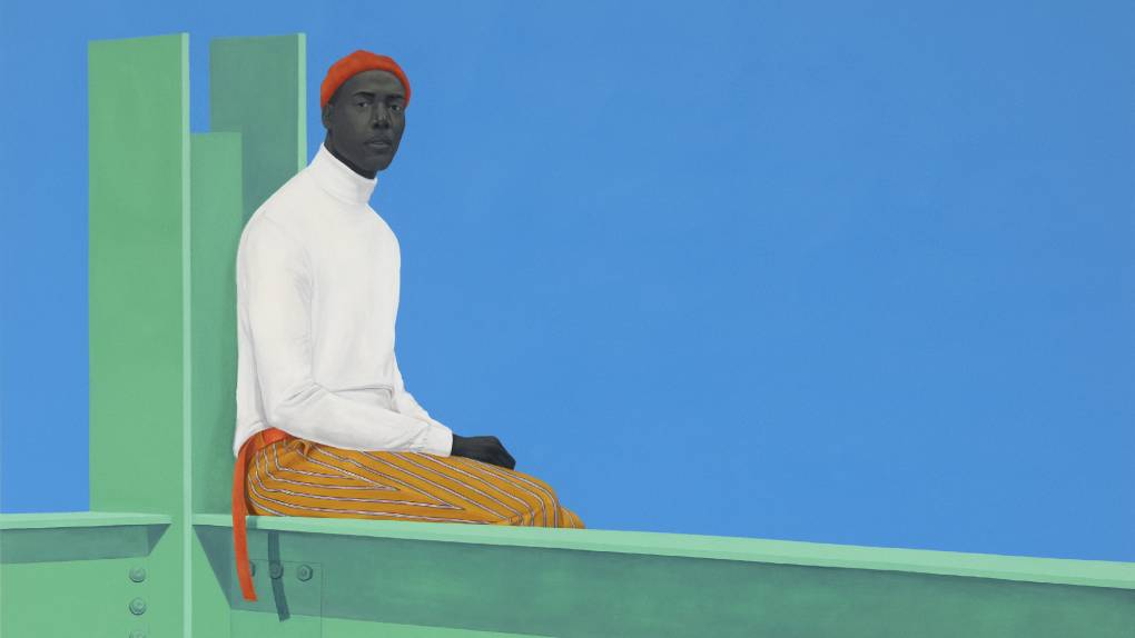 painting of Black man in white turtleneck sitting on metal framework against blue sky