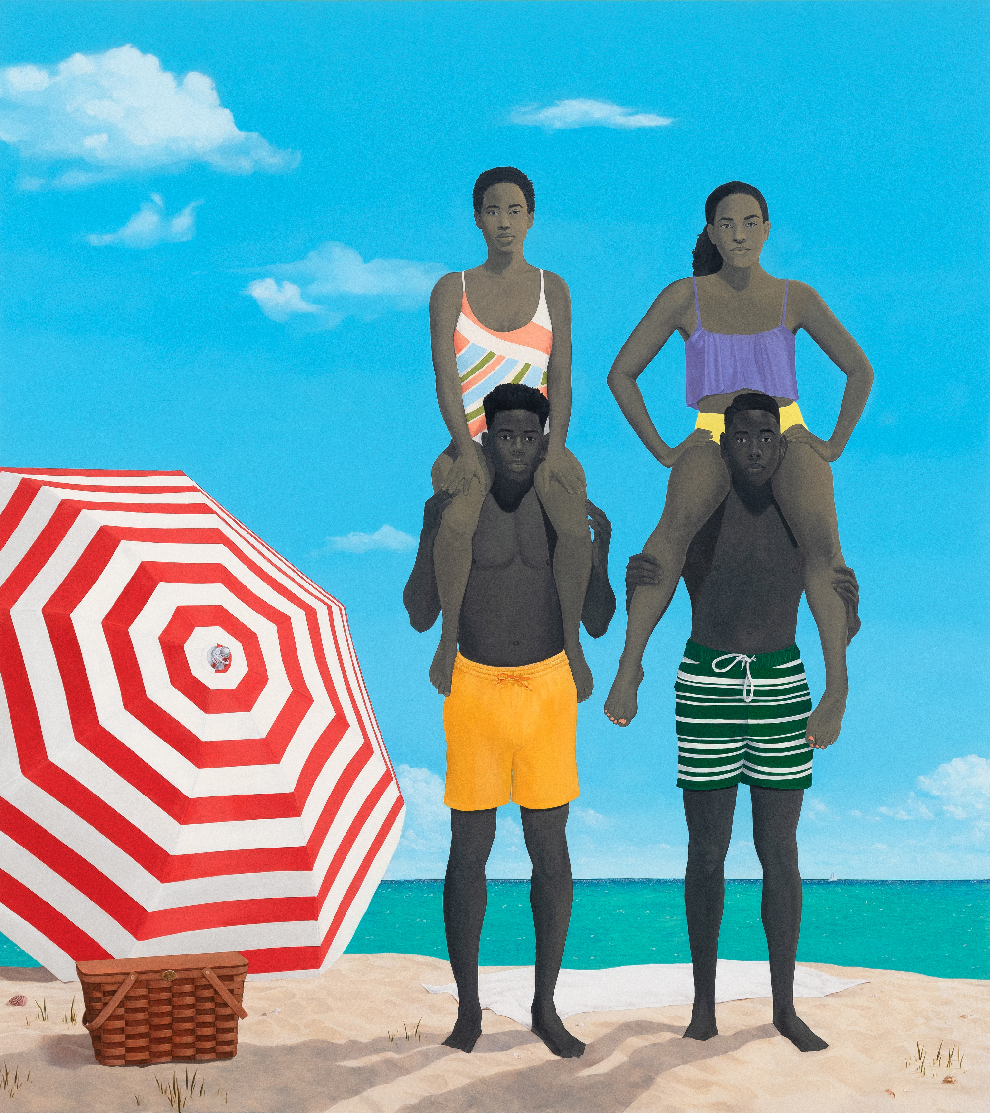 painting of two Black men carrying two Black women on shoulders at beach