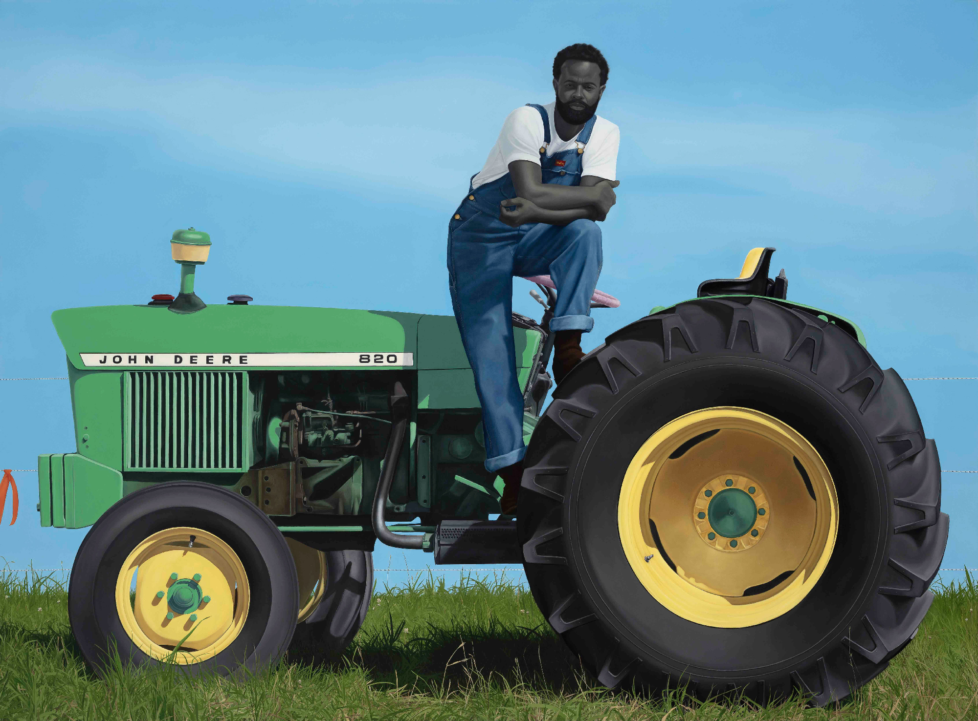 painting of Black man in overalls on tractor against blue sky