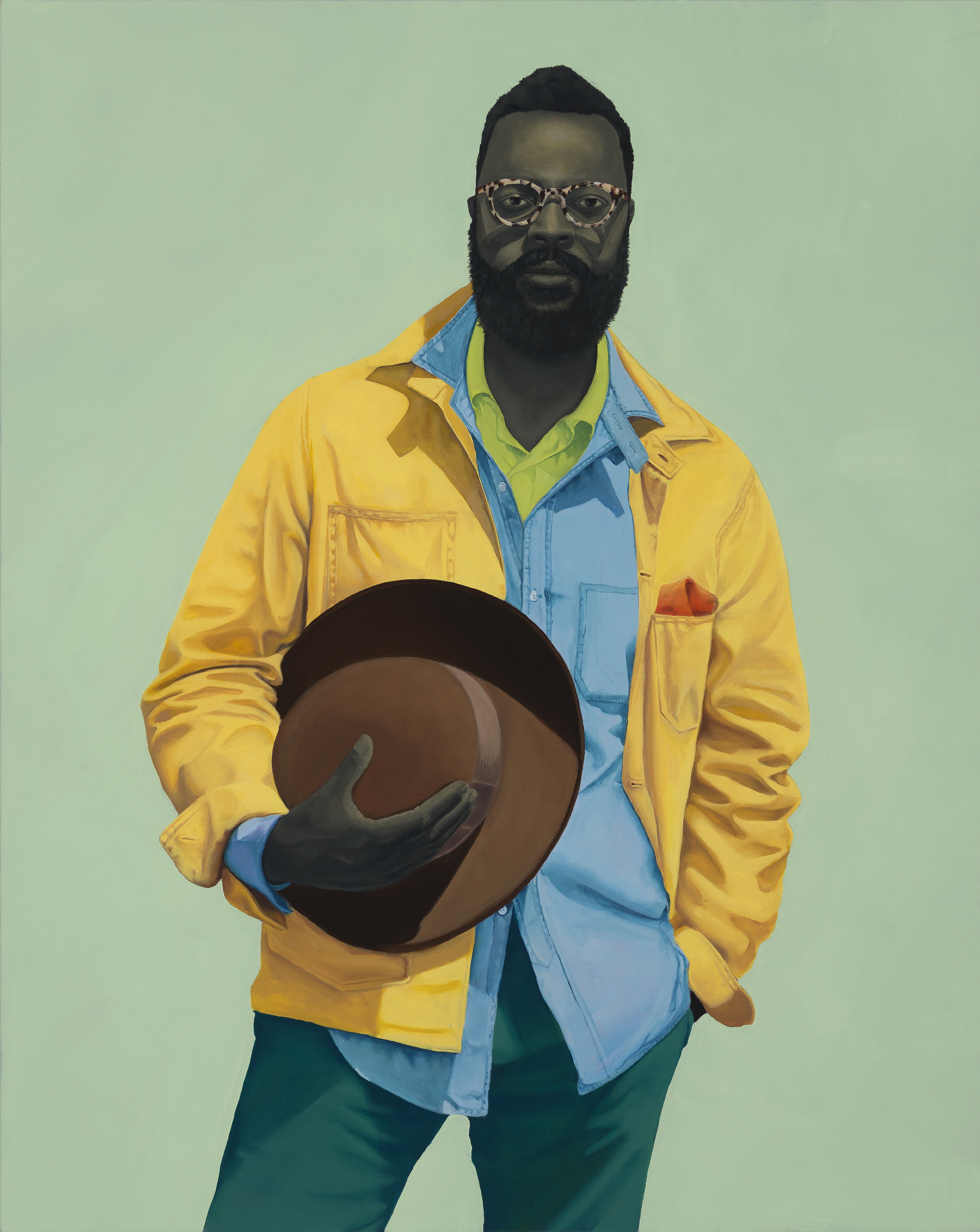 painting of Black man in yellow jacket holding hat at waist