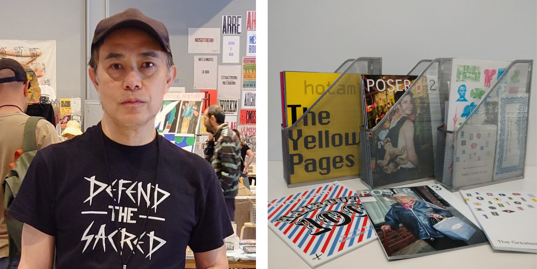 Asian man and display of magazines and books