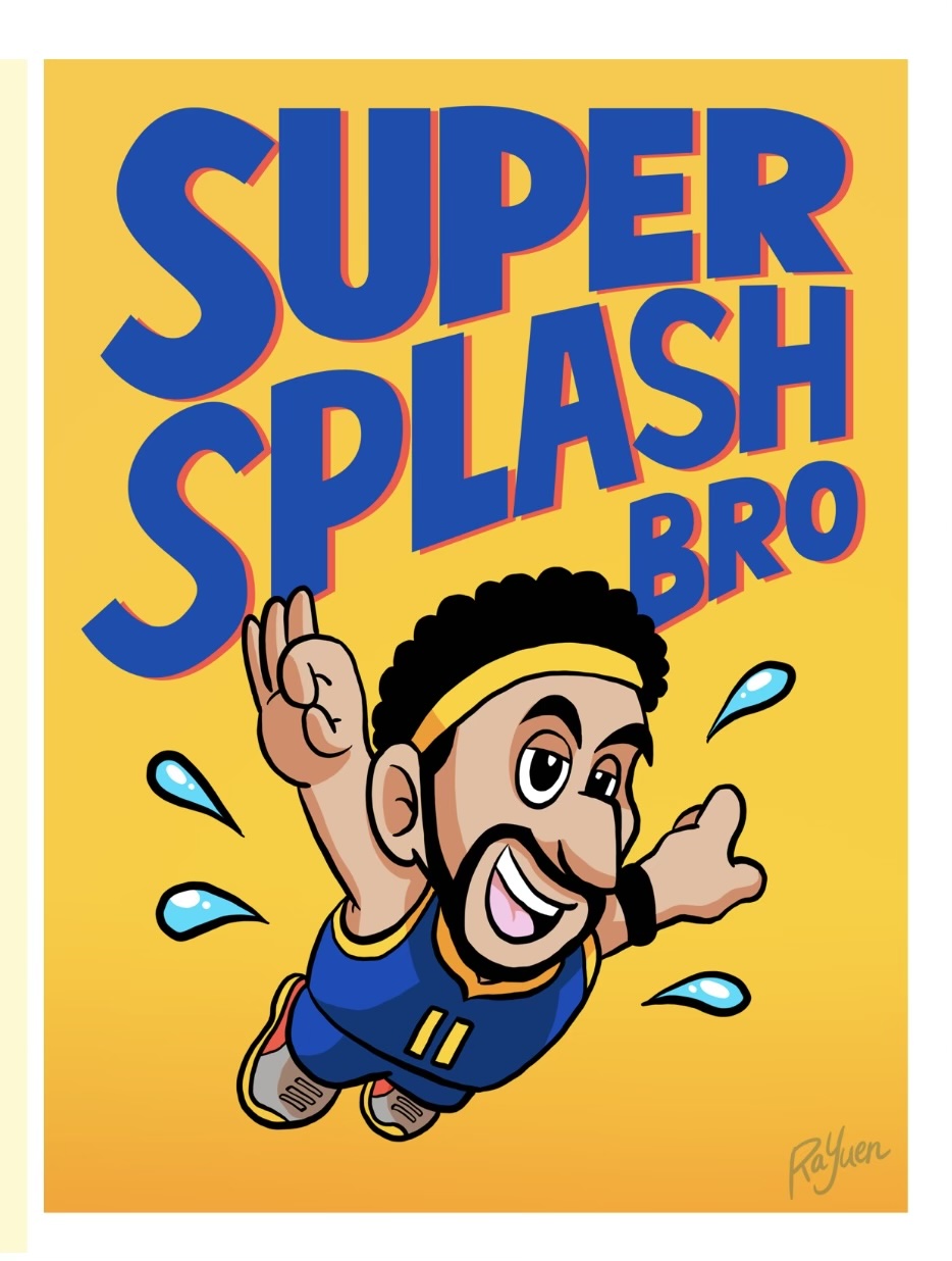 Splash Brother Klay Thompson illustrated in the spirit of the Super Mario Bros.