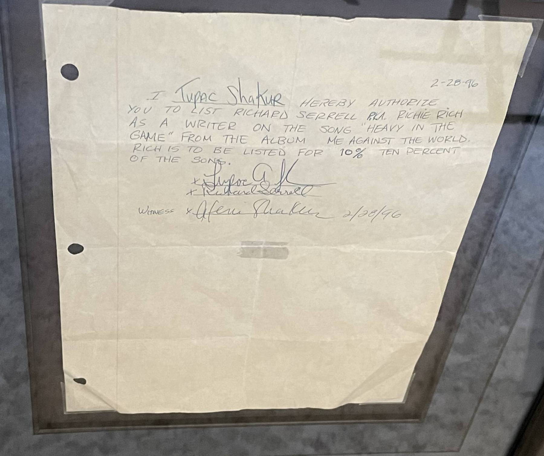 A handwritten contract by Tupac Shakur, ensuring Richie Rich gets royalties for their work together; written just months before Tupac's death.