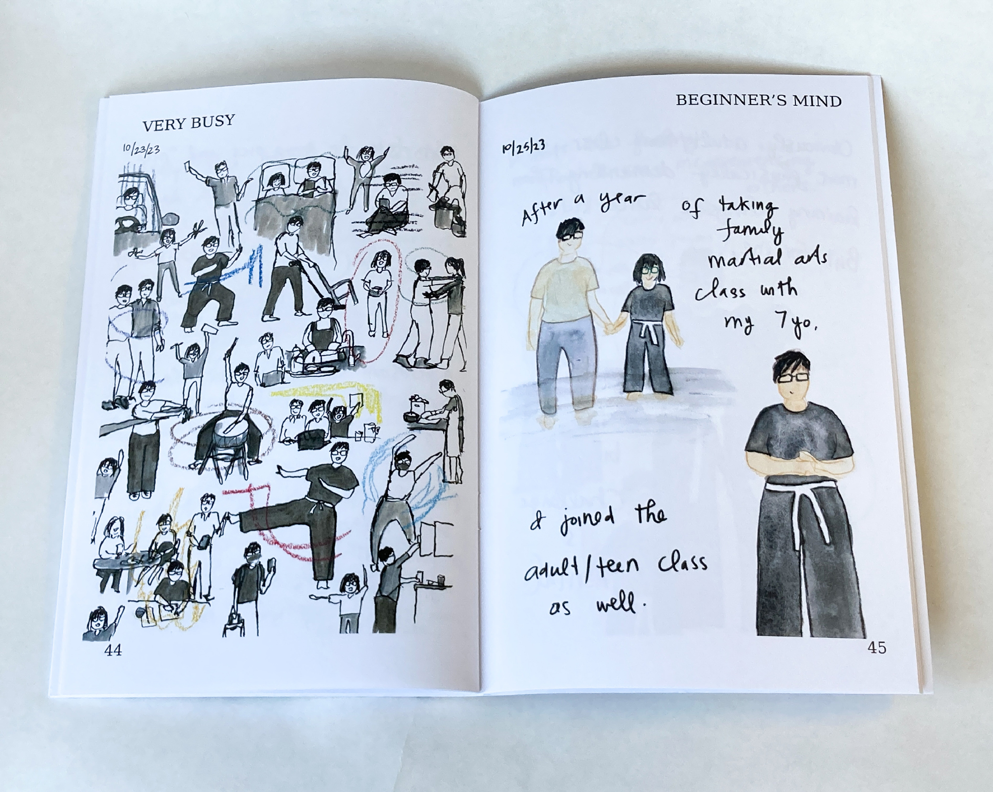 spread of book with illustrations of a woman doing many different activities