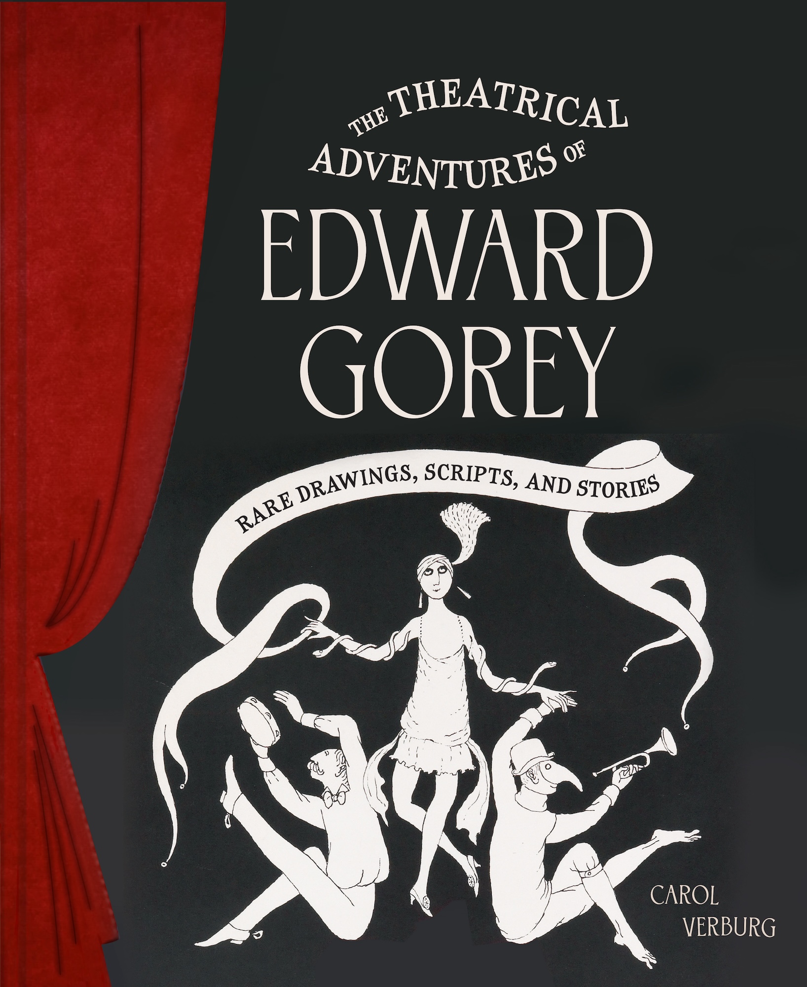 A book cover featuring white dancing figures against a black background. They are surrounded by floating ribbon.