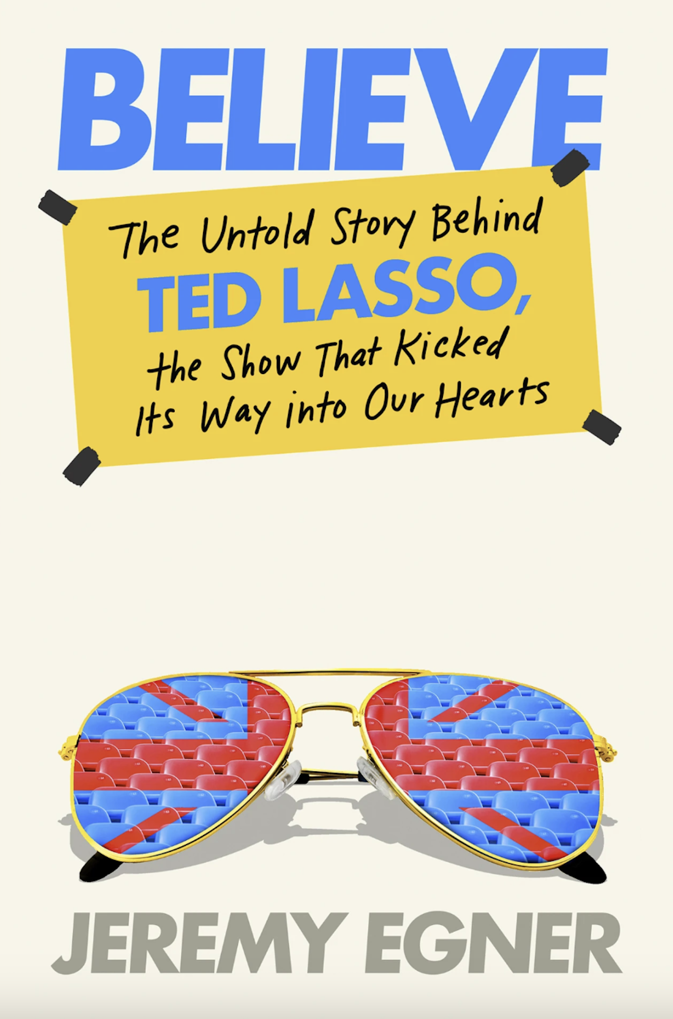 A book cover featuring aviator sunglasses colored like the British Union Jack flag.