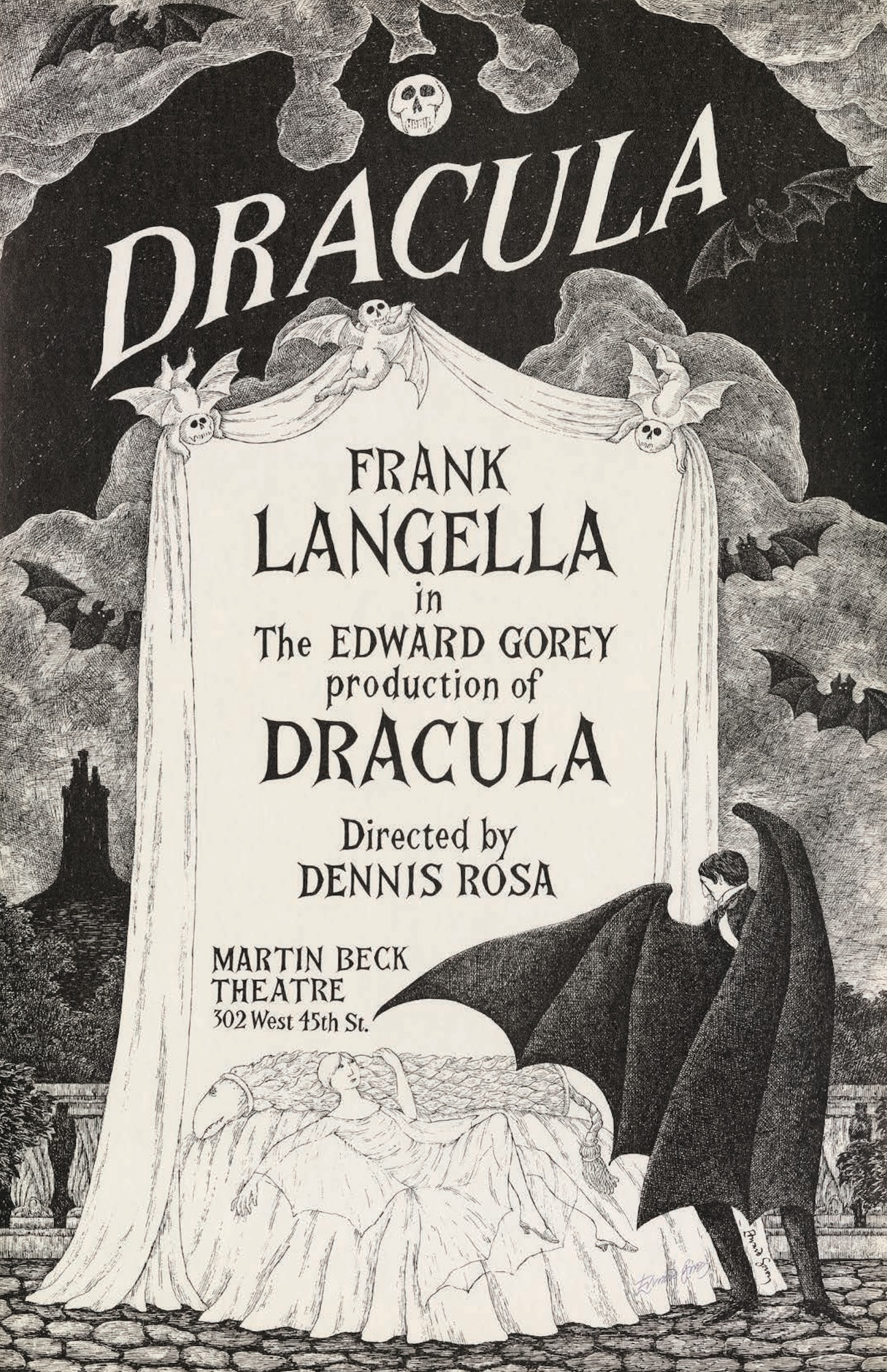 A fine line black and white drawing used as a promotional poster for a production of 'Dracula.' It features dark clouds, bats and a mysterious figure.