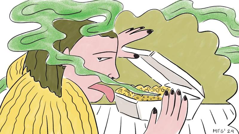 An illustration of a person opening a box of food and sticking their tongue out as a green mist emanates from the food.