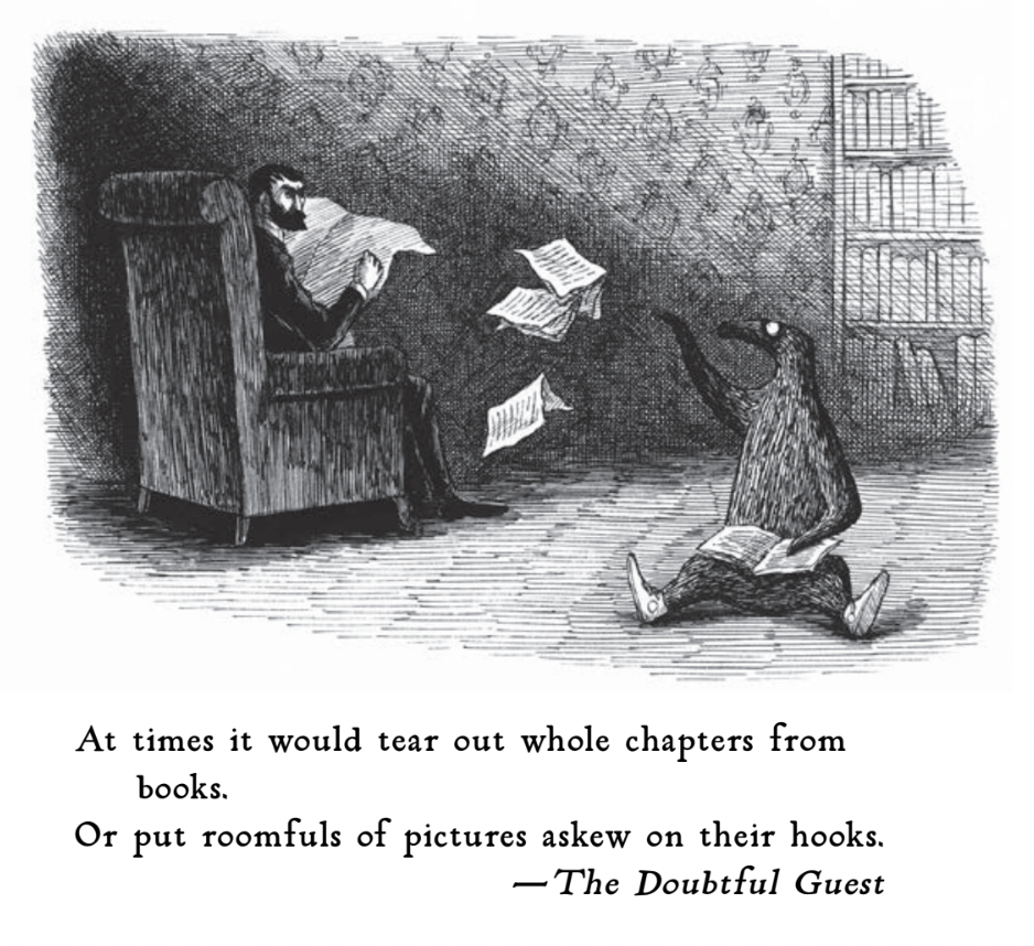 An illustration of a man sitting in an armchair reading while a strange creature sits on the floor next to him, flinging papers in the air.