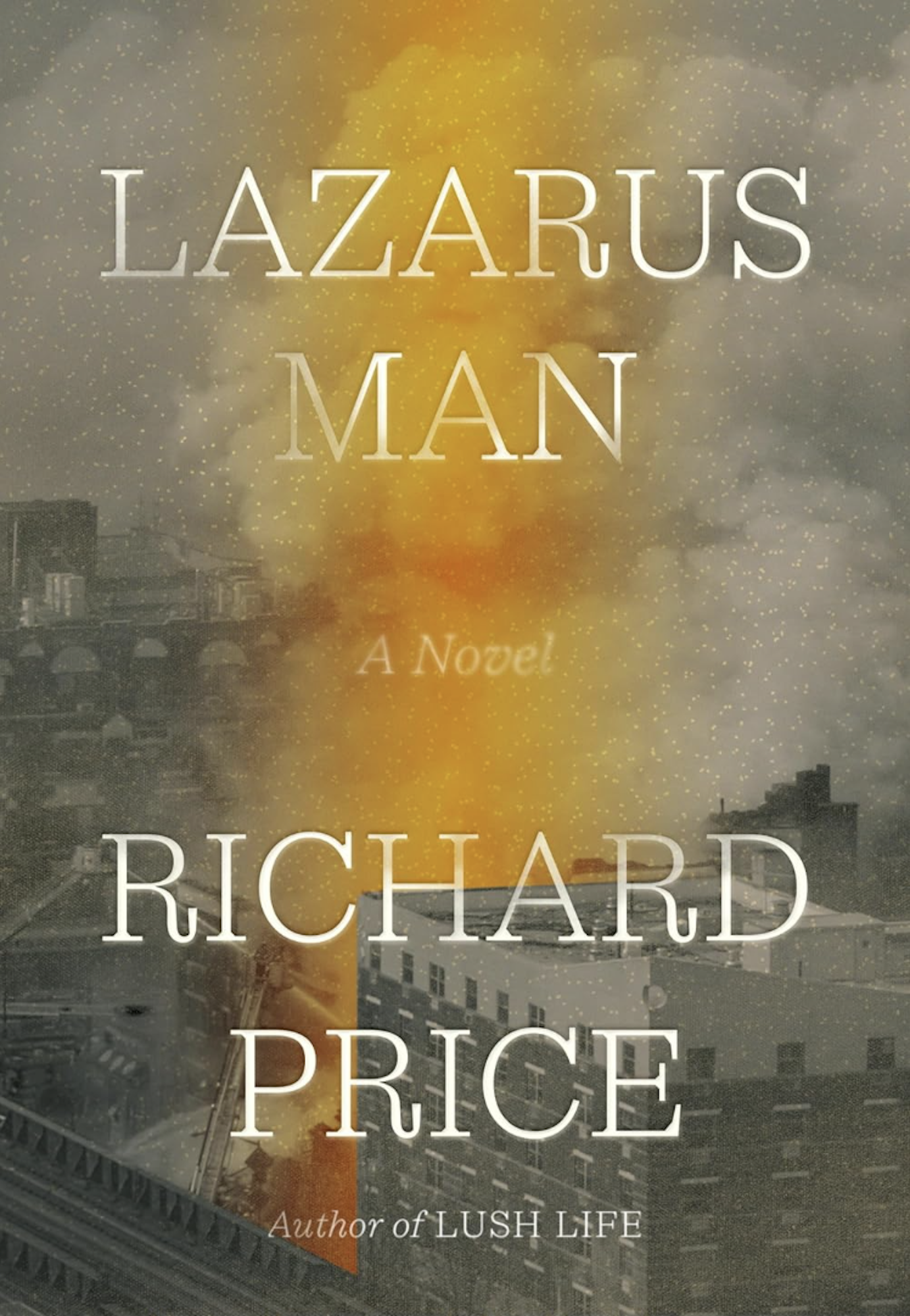 A book cover featuring an illustration of a building on a city block smoldering from a fire.