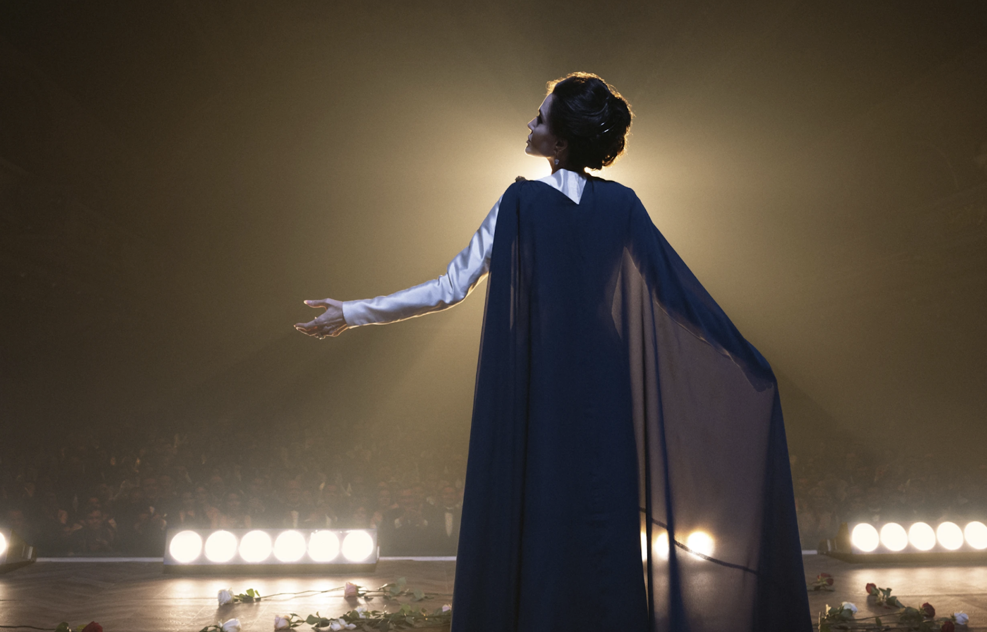 A slender woman viewed from behind, stands on a stage wearing a sheer cape in front of a spotlight.