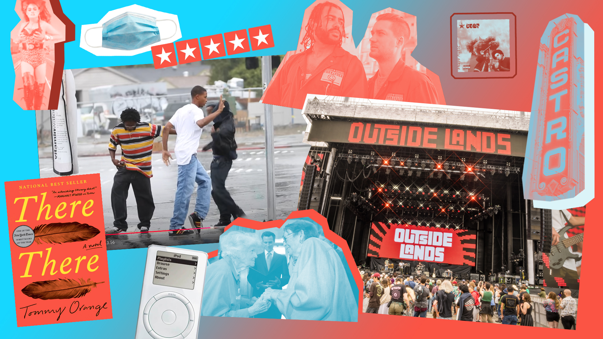 collage of artists, venues, objects in orange and turquoise shades