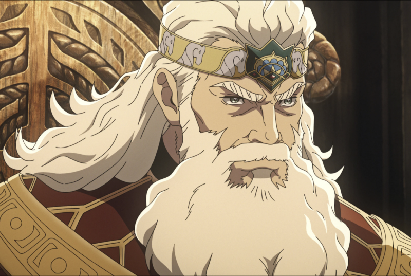 An illustration of a wise-looking bearded man with long white hair, wearing a headband and armor.