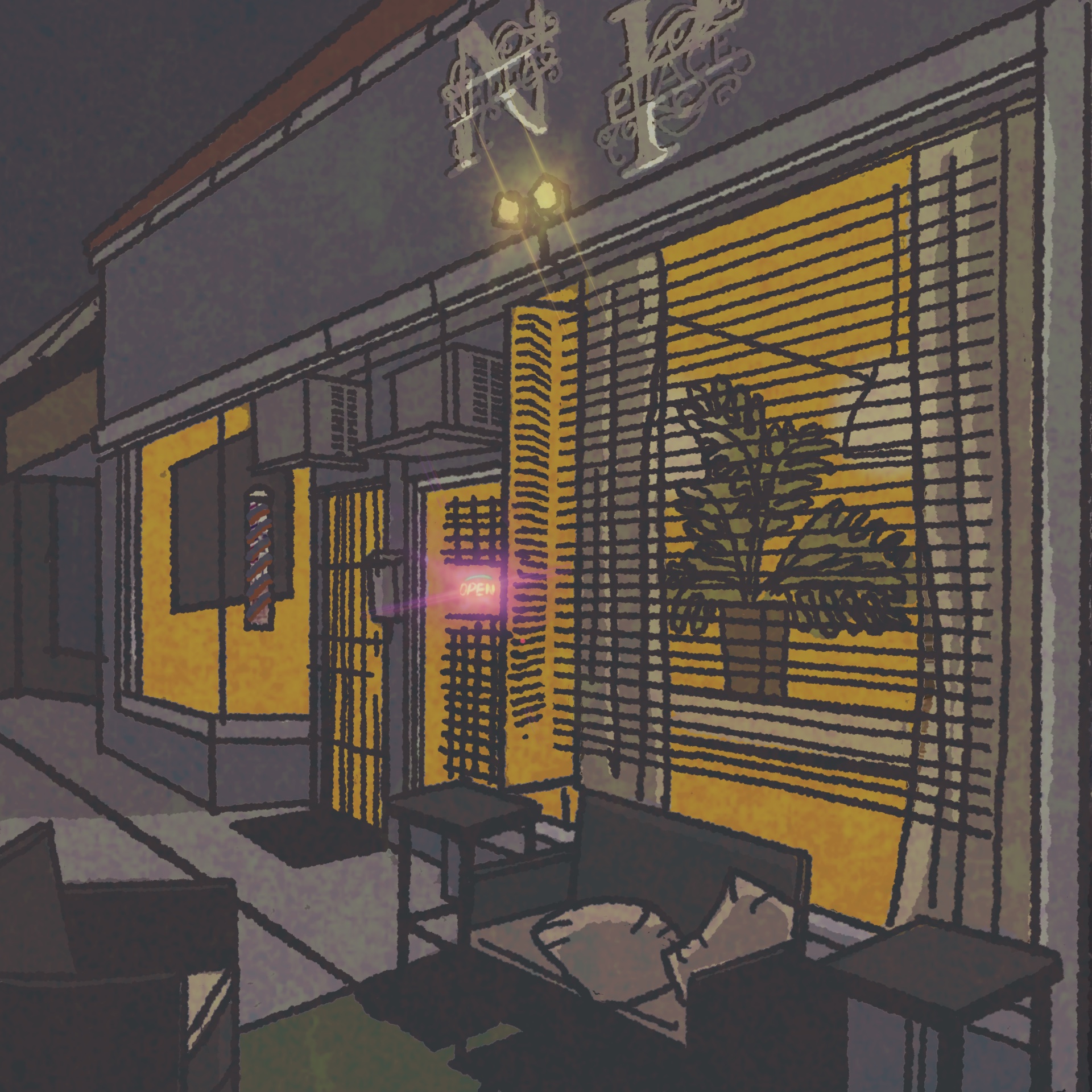 Illustration: Exterior of a restaurant at night. The sign reads, "Nella's Place" in ornate lettering.