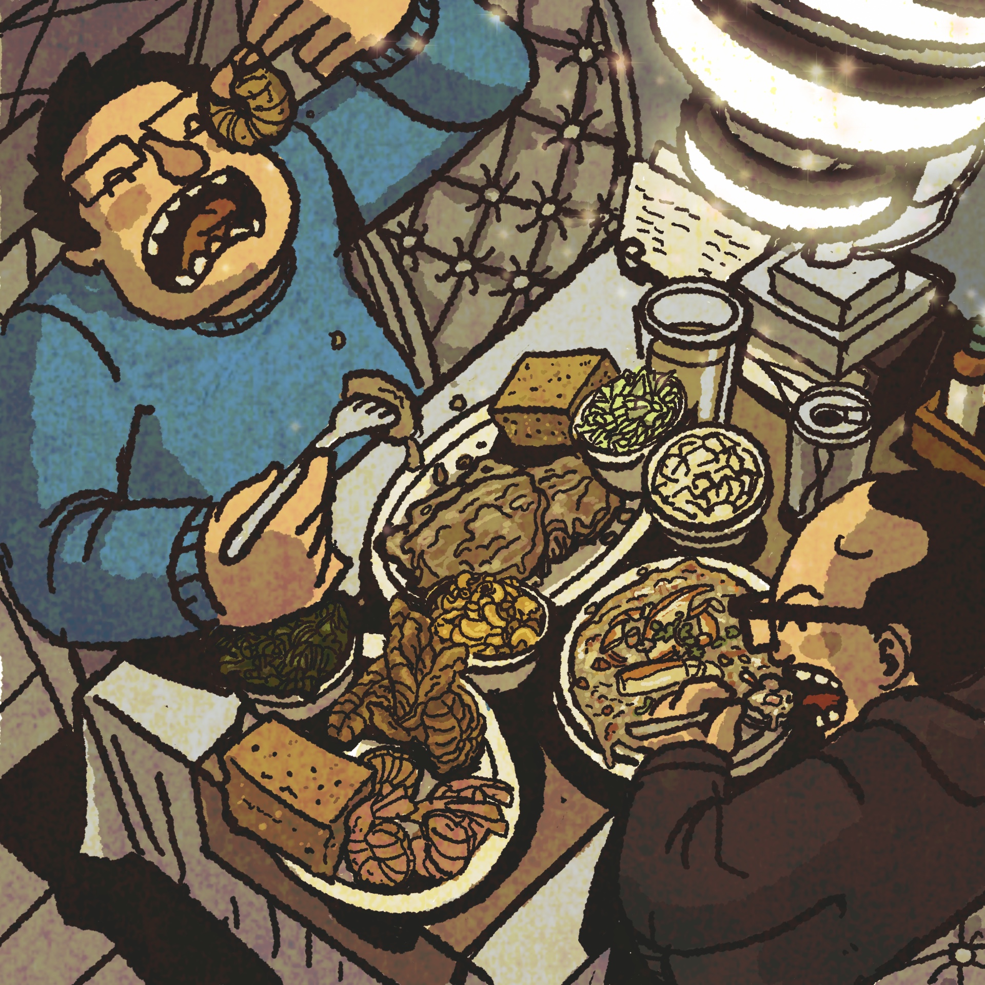 Illustration: Two men devour several plates of soul food: gumbo, a fried seafood platter, smothered pork chops.