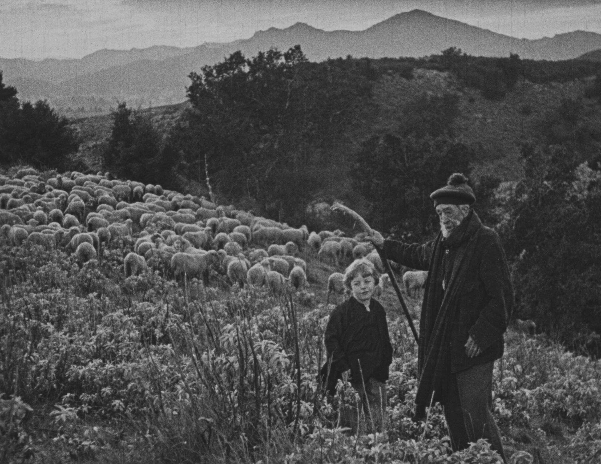 older man and young child on hillside, mountains in background