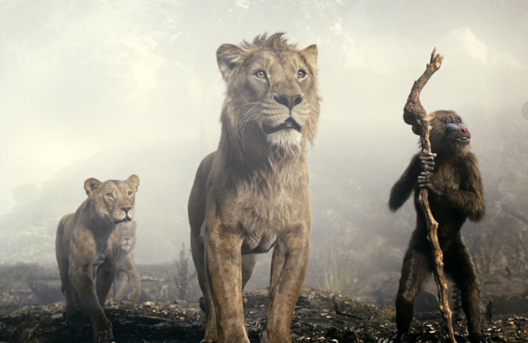 Two digitally animated lions stand near a monkey standing on its hind legs.