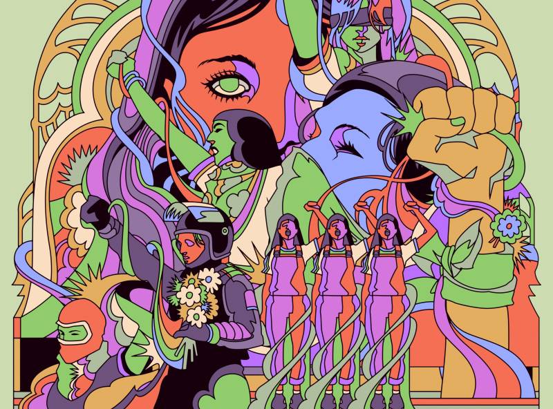 A psychedelic multi-colored illustration featuring stationary figures and the faces of performers.