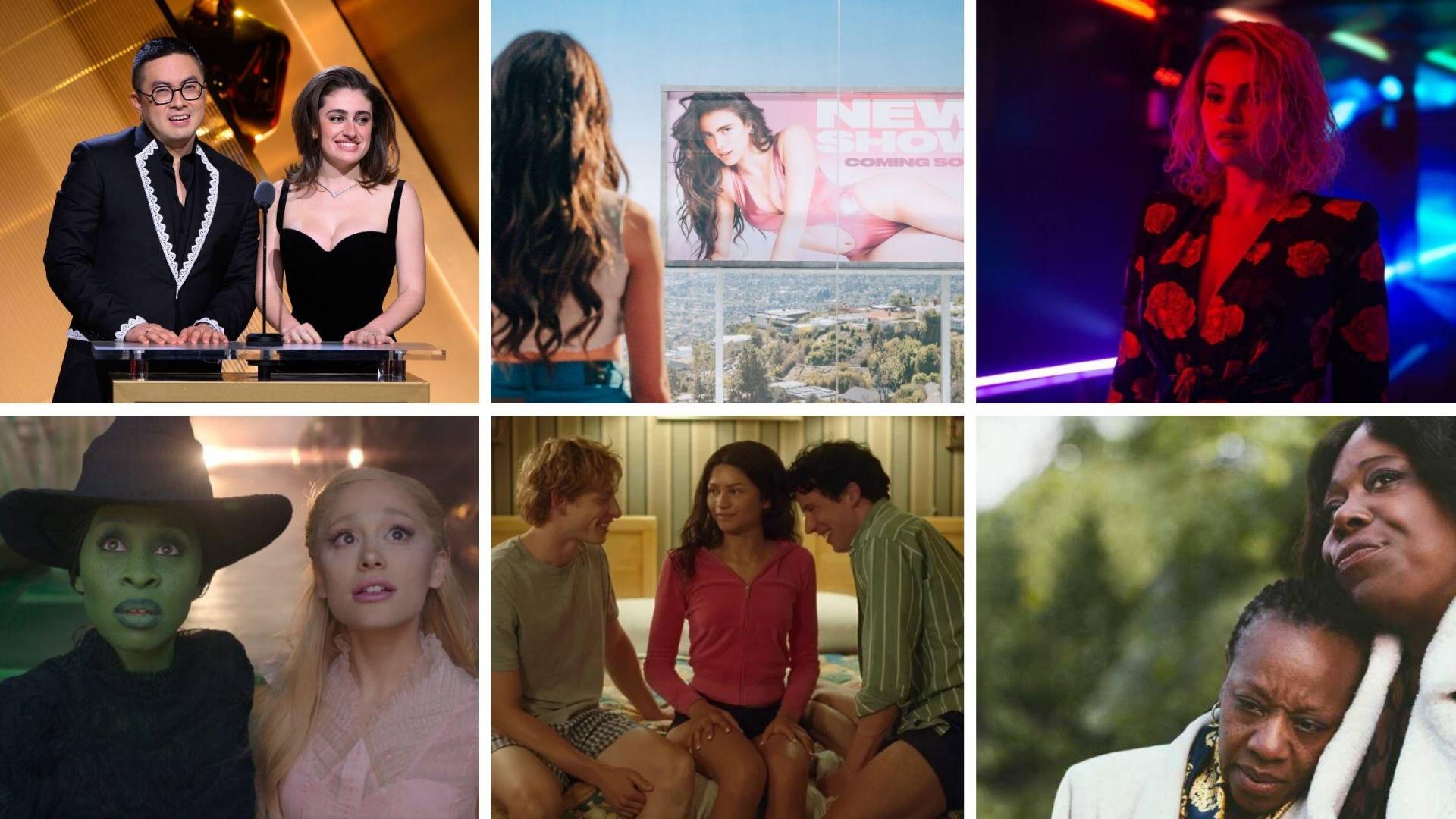 Six images laid out in two lines of three. One image of two television hosts, the other five are movie stills.