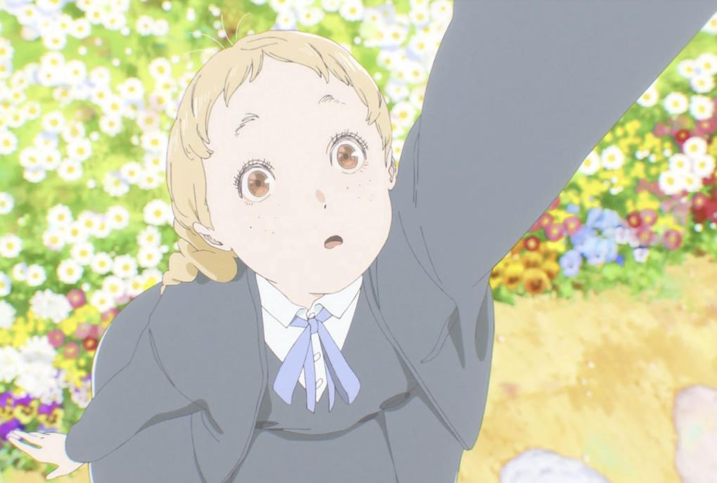 A fair-haired manga character is seen floating above a field of flowers.