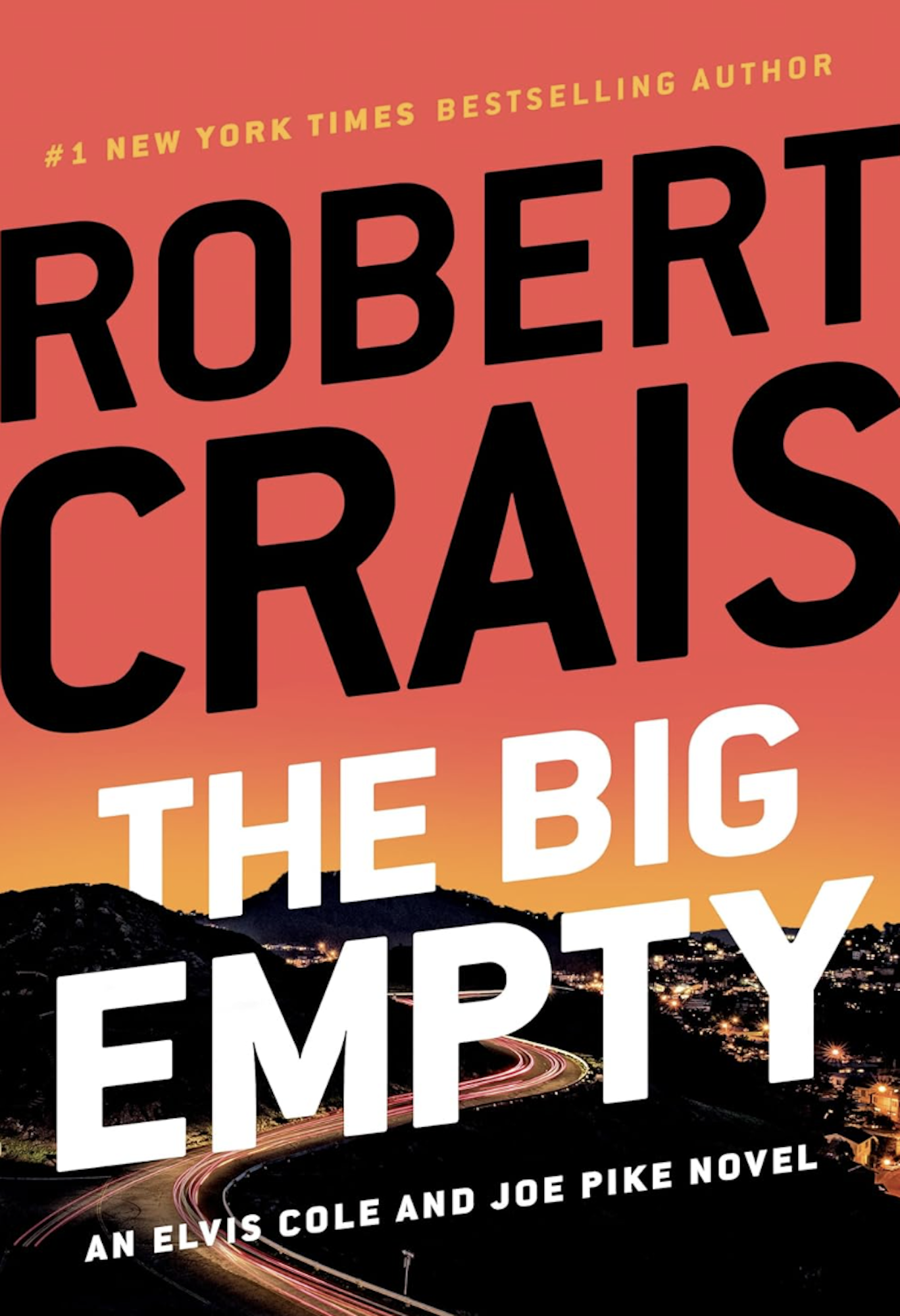 A book cover featuring a red sunset looming over a hillside road covering in speeding traffic.