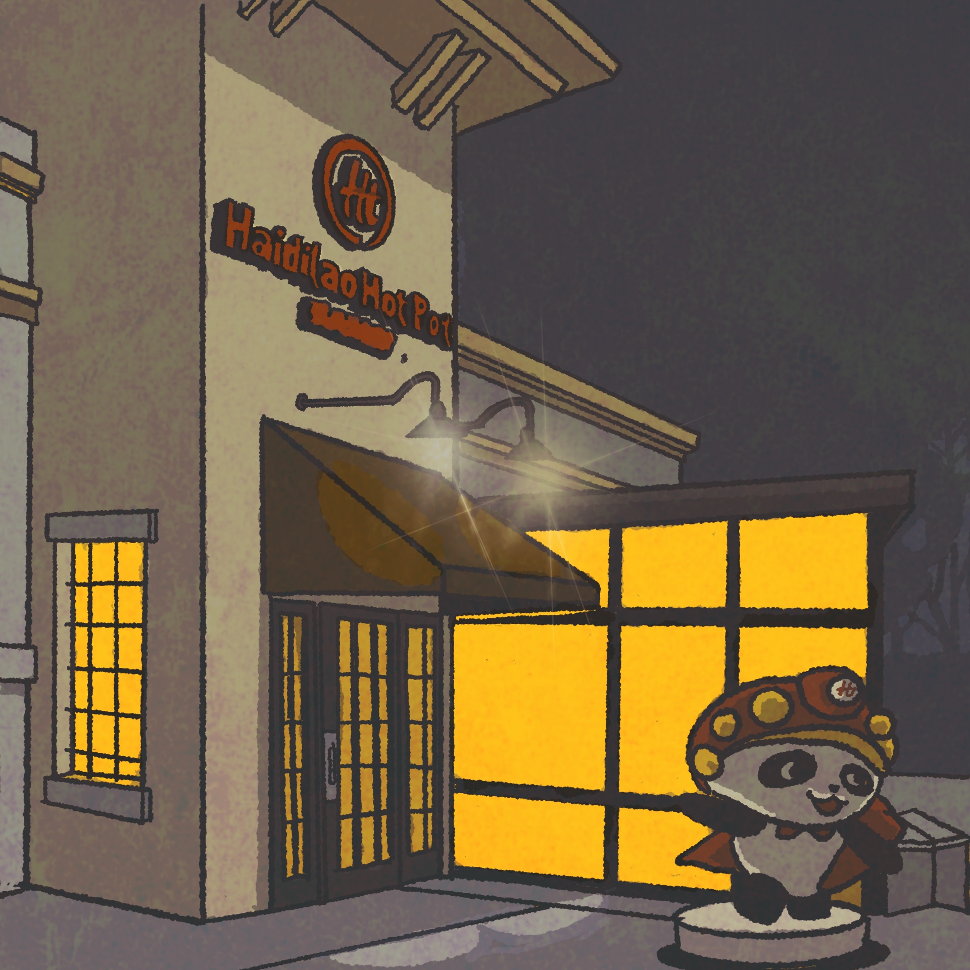 Illustration: Exterior of a restaurant. The sign reads "Haidilao Hot Pot," and there's a statue of a panda in a cape in front.