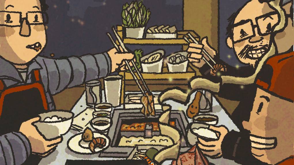 Illustration: Two men watch a noodle maker while eating hot pot.