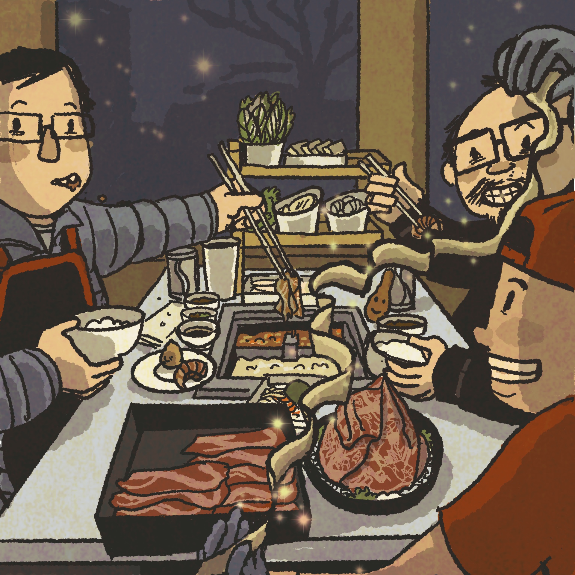 Illustration: Two men watch a noodle maker while eating hot pot.